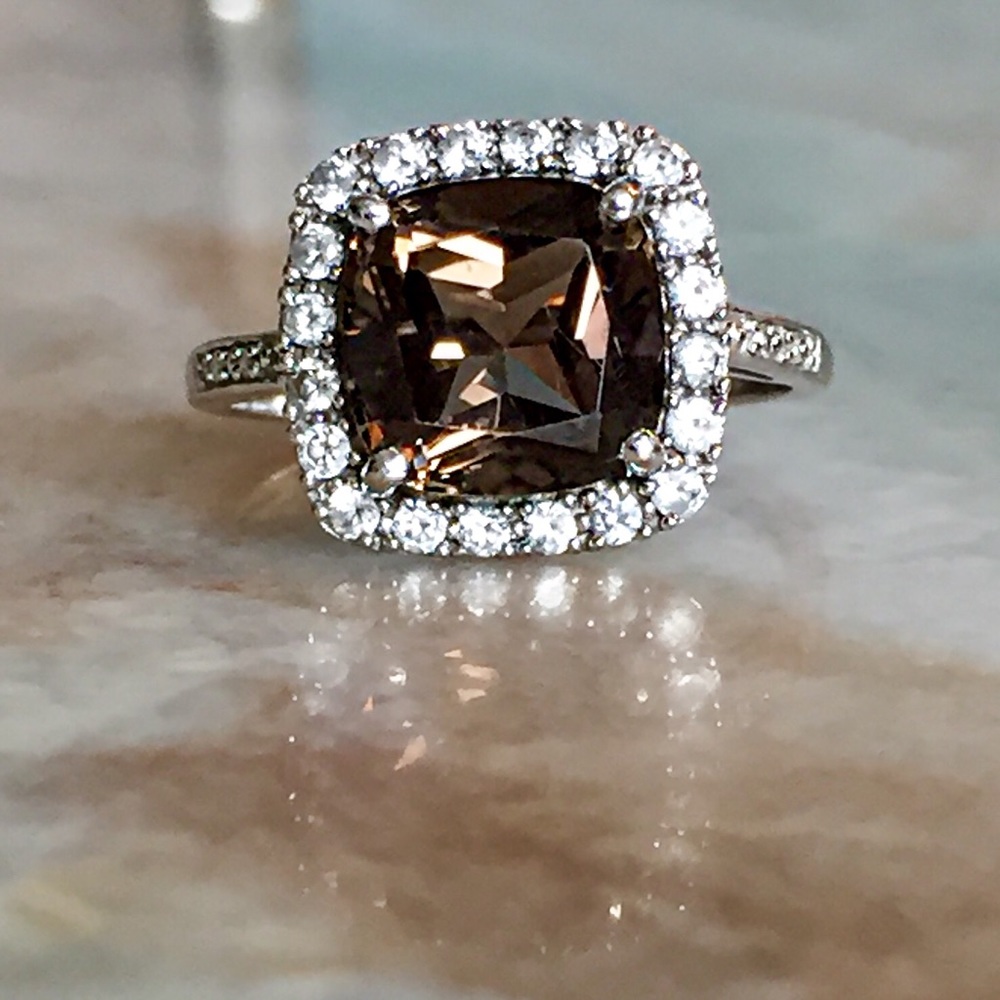 Natural Smoky Quartz and White Gold Halo Ring